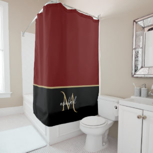 Black   Burgundy  & Gold Monogram Elegant Luxury  Shower Curtain