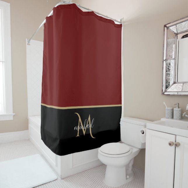 Black | Burgundy  & Gold Monogram Elegant Luxury  Shower Curtain (In Situ)