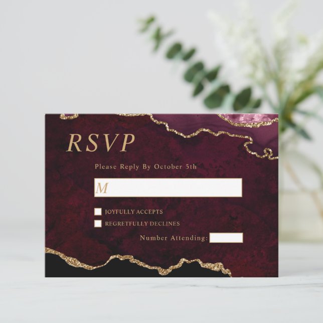 Black & Burgundy Gold Wedding RSVP Card (Standing Front)
