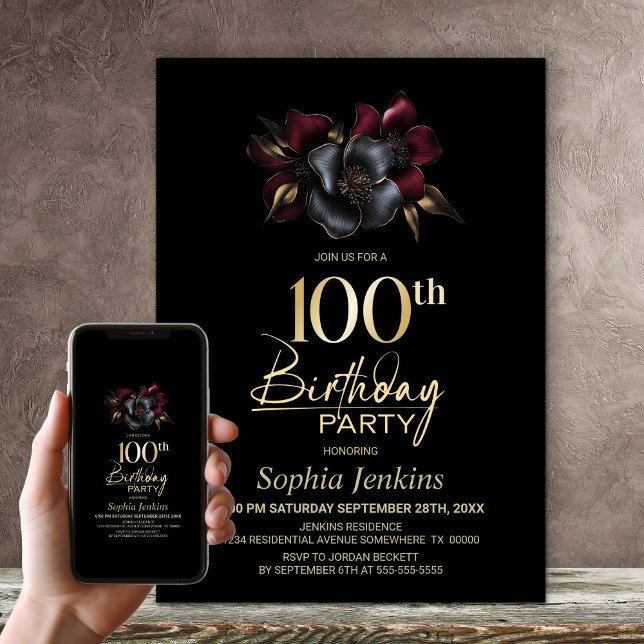 Black Burgundy Grey Floral 100th Birthday Party Invitation (Creator Uploaded)