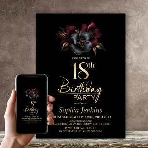 Black Burgundy Grey Floral 18th Birthday Party Invitation