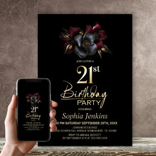 Black Burgundy Grey Floral 21st Birthday Party Invitation