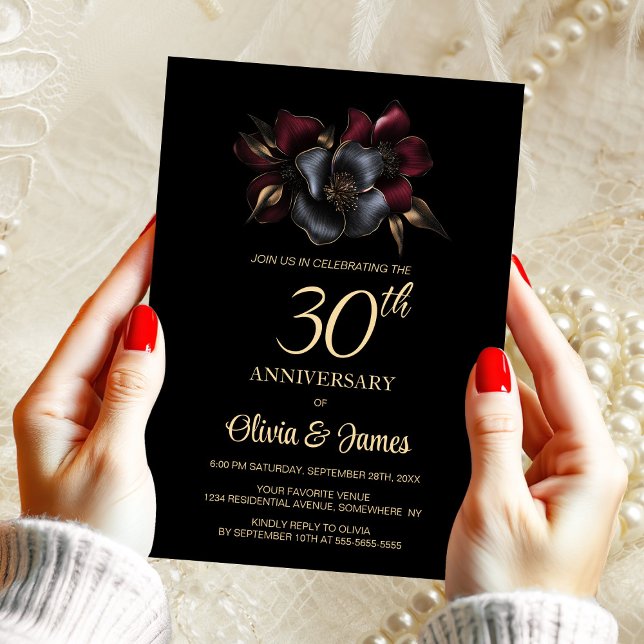 Black Burgundy Grey Floral 30th Anniversary Invitation (Creator Uploaded)