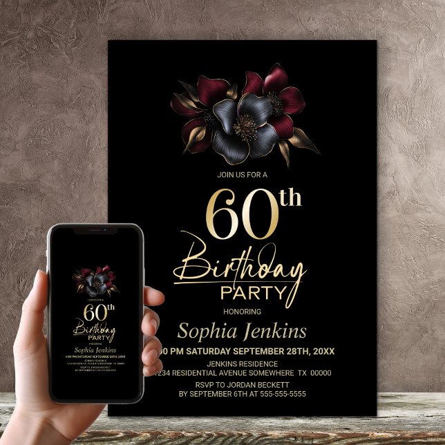 Black Burgundy Grey Floral 60th Birthday Party Invitation (Creator Uploaded)