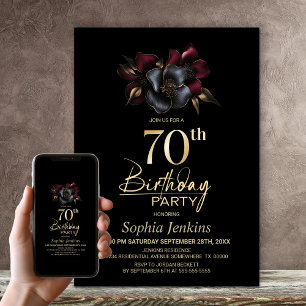 Black Burgundy Grey Floral 70th Birthday Party Invitation
