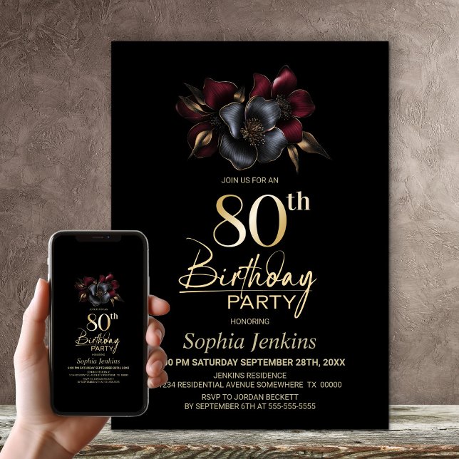 Black Burgundy Grey Floral 80th Birthday Party Invitation (Creator Uploaded)