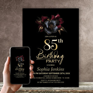 Black Burgundy Grey Floral 85th Birthday Party Invitation