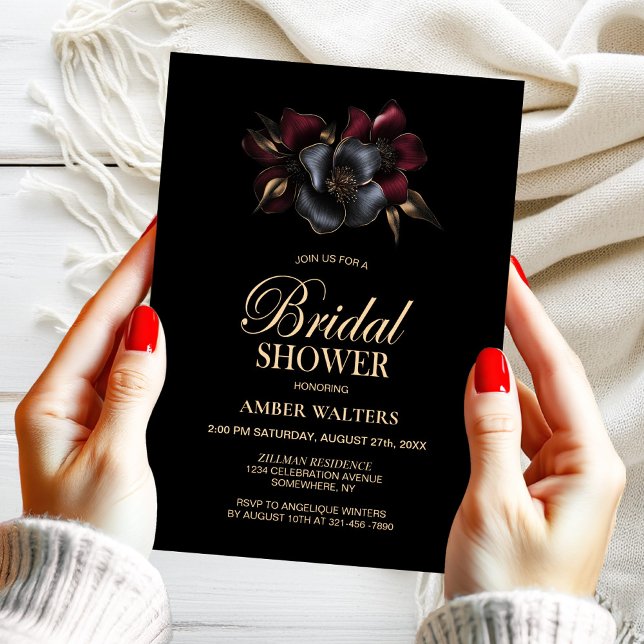 Black Burgundy Grey Floral Bridal Shower Invitation (Creator Uploaded)