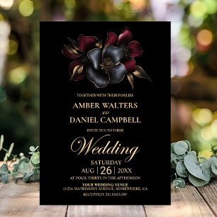 Black Burgundy Grey Floral Wedding Invitation