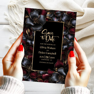 Black Burgundy Grey Floral Wedding Save the Date Invitation
