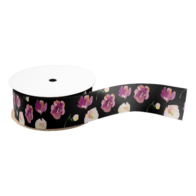Black Burgundy Peach Floral Grosgrain Ribbon (Spool)