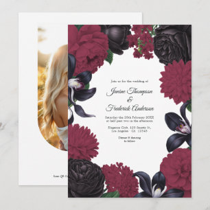 Black & Burgundy Photo/QR Code Floral Wedding Invitation
