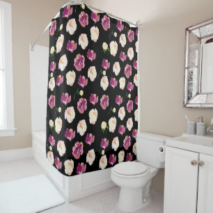 Black Burgundy Pink Watercolor Floral Shower Curtain