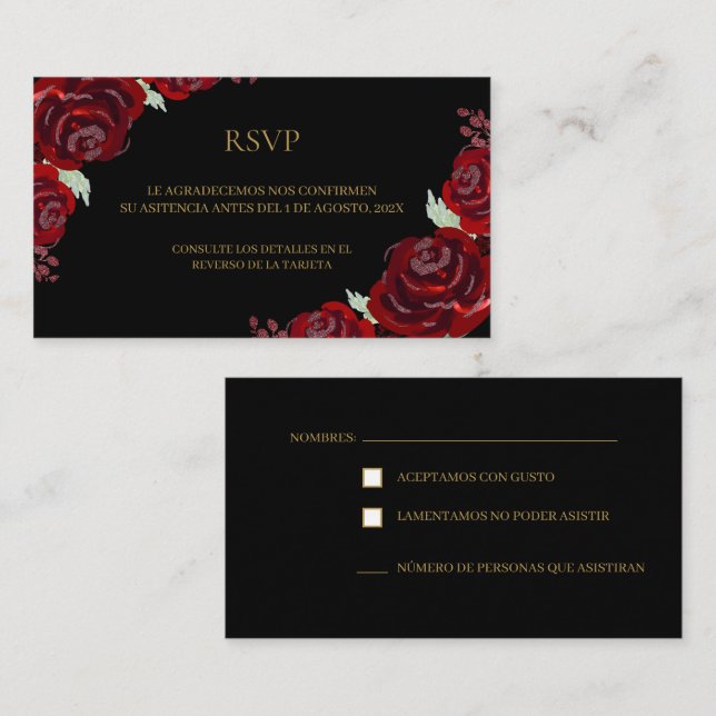 Black burgundy quinceañera RSVP Card  (Front/Back)