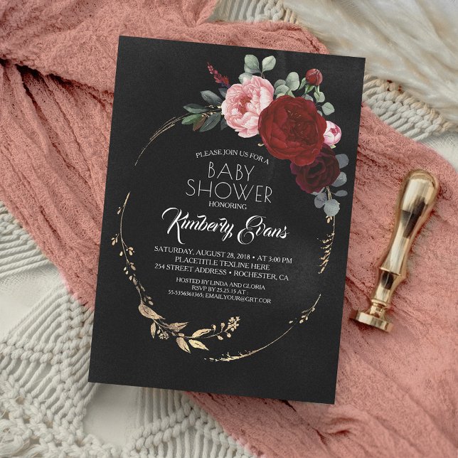 Black Burgundy Red and Gold Floral Baby Shower Invitation (Creator Uploaded)