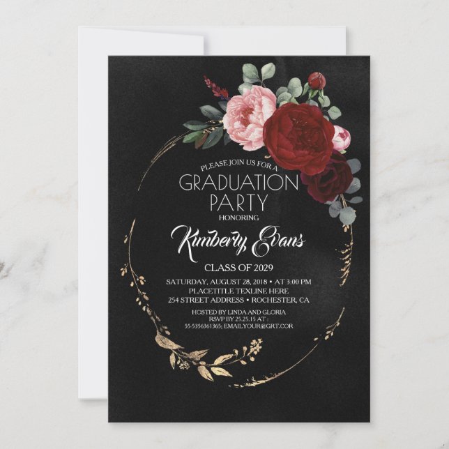 Black Burgundy Red and Gold Floral Graduation Invitation (Front)