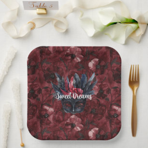 Black Burgundy Red Feathers Mask Bridal Shower Paper Plate