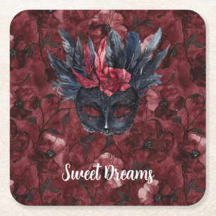 Black Burgundy Red Feathers Mask Bridal Shower Square Paper Coaster