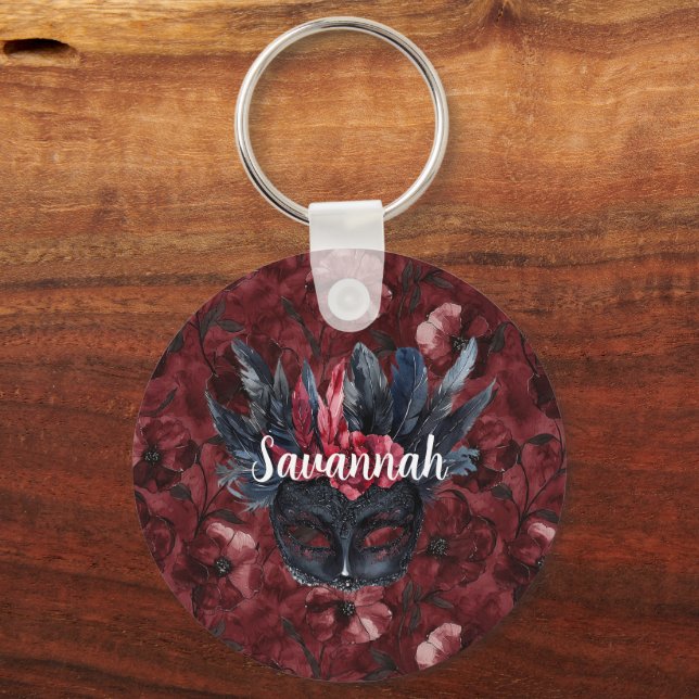 Black Burgundy Red Feathers Mask Key Ring (Front)