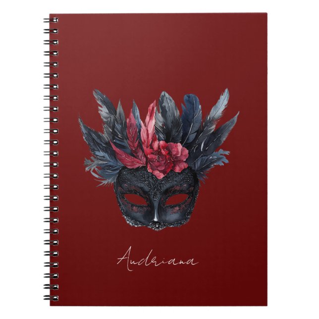 Black Burgundy Red Feathers Mask Notebook (Front)