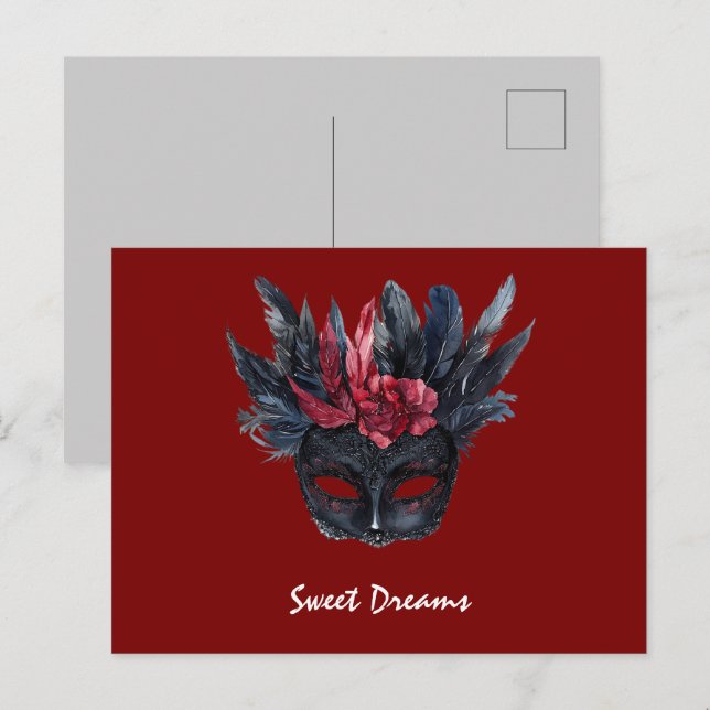 Black Burgundy Red Feathers Mask Postcard (Front/Back)