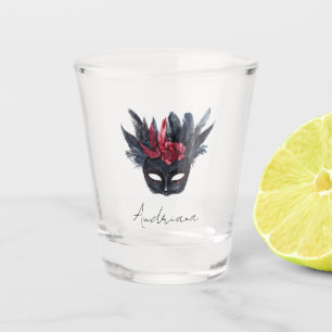 Black Burgundy Red Feathers Mask Shot Glass