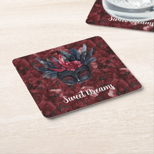 Black Burgundy Red Feathers Mask Square Paper Coaster (Angled)