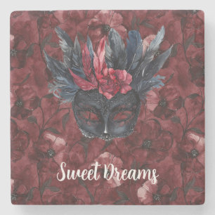 Black Burgundy Red Feathers Mask Stone Coaster
