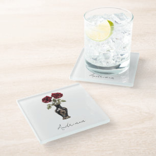 Black Burgundy Red Floral Vase Glass Coaster