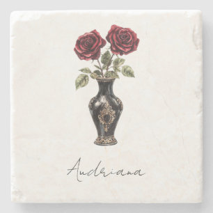 Black Burgundy Red Floral Vase Stone Coaster