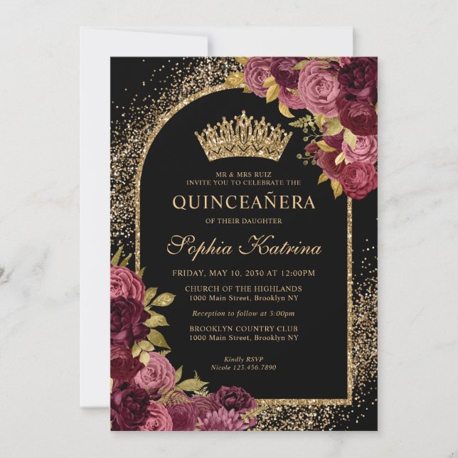 Black Burgundy Red Gold Glitter Floral Quinceanera Invitation (Front)