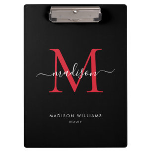 Black Burgundy Red Monogram Elegant Script Name Clipboard