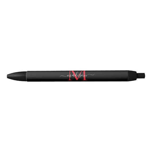 Black Burgundy Red Monogram Elegant Script Name Ink Pen (Front)