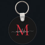 Black Burgundy Red Monogram Name Elegant Script Key Ring<br><div class="desc">Simple Black Burgundy Red Monogram Elegant Modern Script Keychain</div>