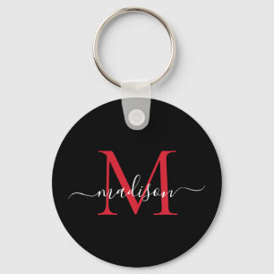 Black Burgundy Red Monogram Name Elegant Script Key Ring