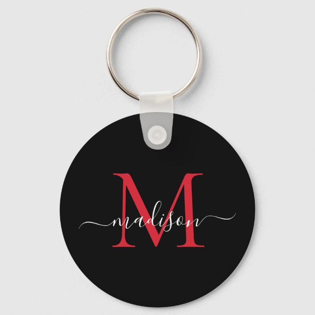 Black Burgundy Red Monogram Name Elegant Script Key Ring (Front)