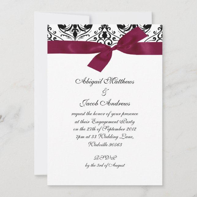 Black Burgundy Ribbon Engagement Party Invitation (Front)