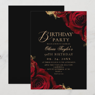 Black Burgundy Rose Floral 50th Birthday Invitation