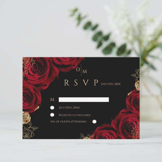 Black Burgundy Roses Wedding RSVP card (Standing Front)
