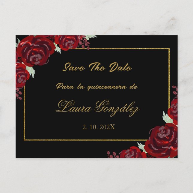 Black Burgundy Save the Date quinceañera Invitation Postcard (Front)