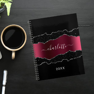 Black burgundy silver agate marble glitter 2022  planner