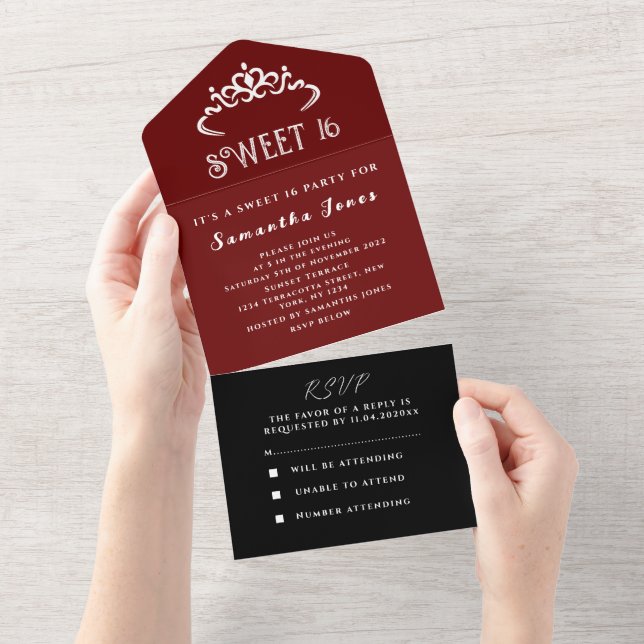 Black Burgundy Sweet 16 Tiara Sixteen Modern All In One Invitation (Tearaway)