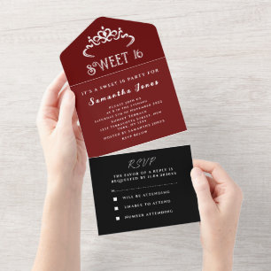 Black Burgundy Sweet 16 Tiara Sixteen Modern All In One Invitation