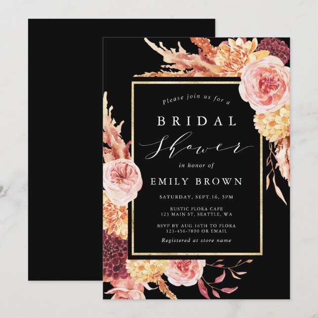 Black Burgundy Terracotta Floral Bridal Shower  Invitation (Front/Back)