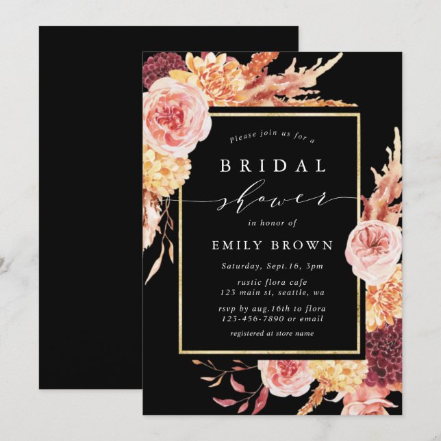 Black Burgundy Terracotta Floral Bridal Shower  Invitation (Front/Back)