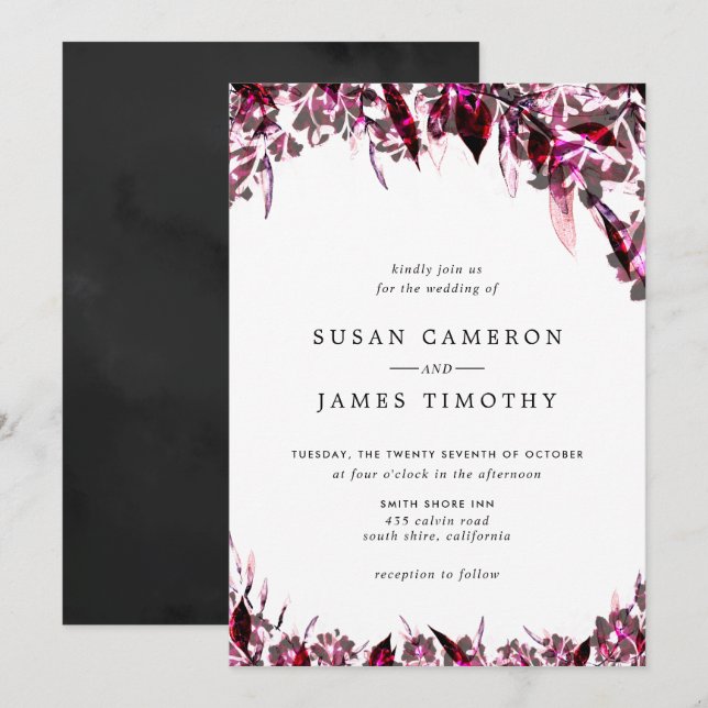 Black Burgundy watercolor wedding Invitation (Front/Back)