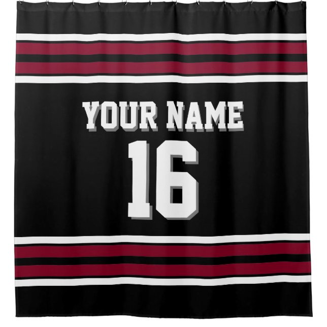 Black Burgundy White Stripes Sports Jersey Shower Curtain (Front)