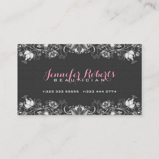 Black Burlap Linen & White Floral & Lace Business Card (Front)