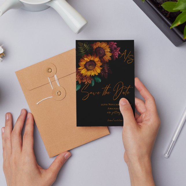 Black Burnt Orange Monogram Wedding Save the Date Postcard (Black Burnt Orange Monogram Wedding Save the Date Postcard)