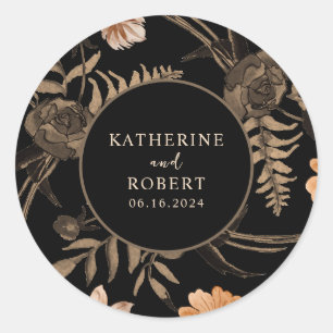 Black Burnt orange terracotta floral fall wedding  Classic Round Sticker